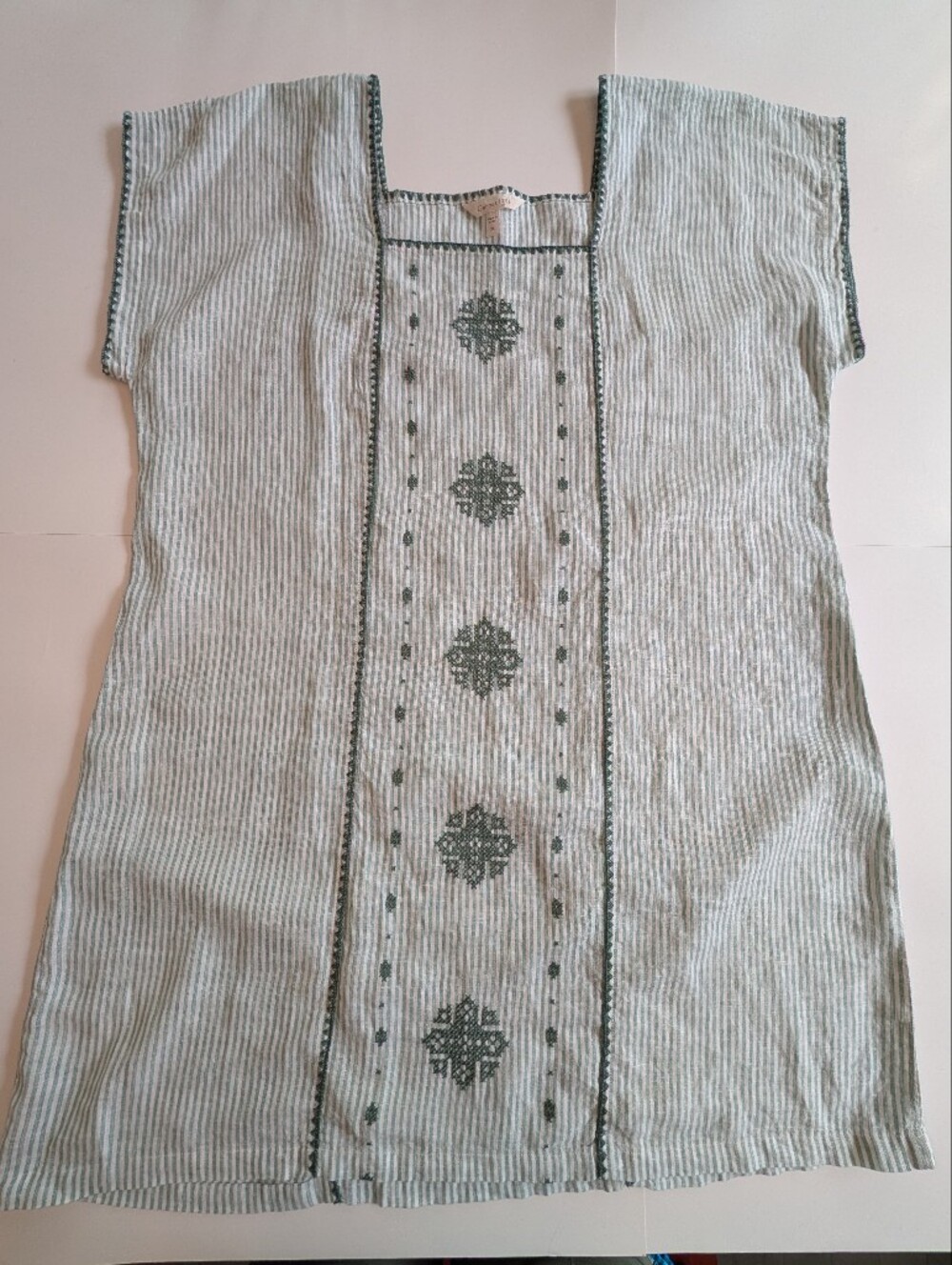 Garnet Hill Linen Dress With Embroidered Accents, Size XL, Green And White
